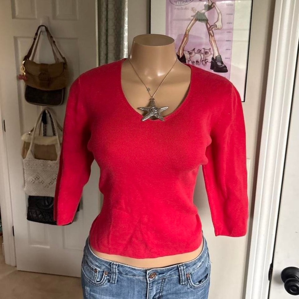 y2k 2000s red‎ fitted knit 3/4 sleeve top